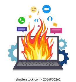 Overload. Burning Computer. Cartoon Laptop With Flaming Screen. Broken Electrical Device. PC System Reload. Gadget Reboot. Problems With Software And Internet Messengers. Vector Concept