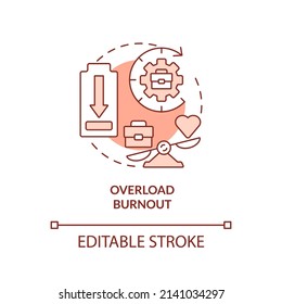 Overload burnout red concept icon. Work hard to achieve success. Type of burnout abstract idea thin line illustration. Isolated outline drawing. Editable stroke. Arial, Myriad Pro-Bold fonts used