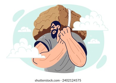 Overload man with giant stone behind back symbolizing burden of responsibility and pressure caused by stress. Overload guy carries too much burden, causing fatigue and chronic illness