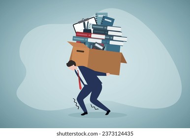 Overload or overworked office routine concept, tired businessman carrying heavy documents paperwork.