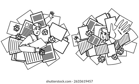 sobrecarga do vetor de estresse do trabalho do papel. pressão de burnout, eficiência de ansiedade, organização da produtividade sobrecarga do trabalho do papel personagem de estresse. pessoas linha preta desenho ilustração