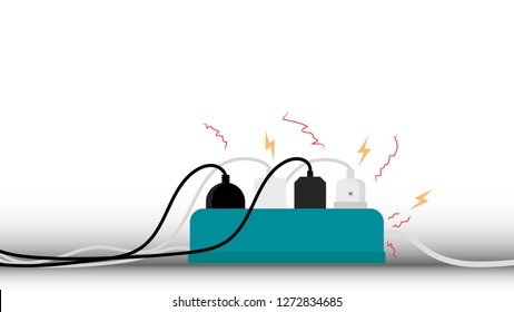 Overload plug in power outlet in horizontal position. Danger electricity illustration vector