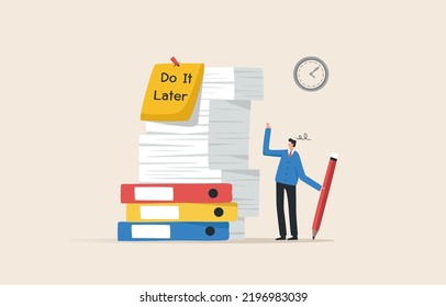 Overload, procrastinate, do it later, lazy to postpone all work. Overcome Laziness and Procrastination. Businessman, office worker watching long list later.