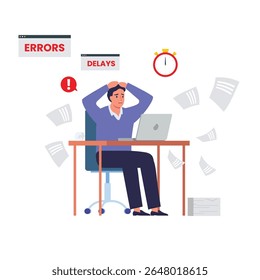 Sobrecarga no trabalho. Trabalhador de escritório cansado sentado com laptop perto de documentos. Muita papelada para o atendente. Desgaste emocional, atraso e erro, ilustrações de vetor planas.