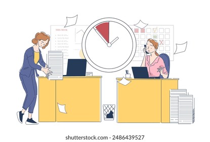 Overload at workplace. Women in office with lot of paperwork. Organization of inefficient work process and poor time management. Mental stress and emotional burnout. Linear vector illustration