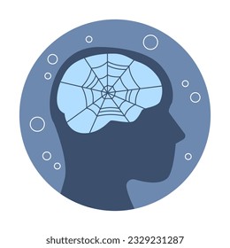 Overloaded brain spider web. Rubbish in human head, mental problems and mind hygiene. Psychology or psychotherapy recent vector metaphor