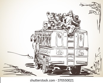 Overloaded bus with people travelling on top, Hand drawn illustration