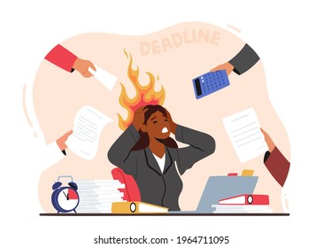 Overloaded Business Woman Holding Burning Head with Hands Sitting at Workplace with Messy Documents Heap Loaded with Hard Work in Office. Deadline and Time Lack Concept. Cartoon Vector Illustration