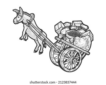 burro sobrecargado con carro colgado en el bosquejo de aire grabando ilustración vectorial. Diseño de impresión de ropa de camiseta. Imitación de tablero de raquetas. Imagen dibujada a mano en blanco y negro.