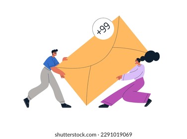 Overloaded email. Many new letters in inbox. Tiny people loaded with envelope, lot of electronic junk mail, e-mail spam. Unwanted messages. Flat vector illustration isolated on white background