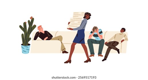 Overloaded employee, office worker works instead lazy or exhausted colleagues with burnout. Bad management, organization of teamwork, problems in team. Flat isolated vector illustration on white