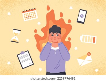 Overloaded man concept. Young guy on fire next to calendar and smartphone. Overworked worker with emotional burnout. Pressure and panic, low energy indicator. Cartoon flat vector illustration