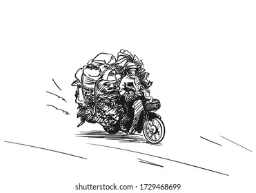Overloaded motorbike Hand drawn sketch Vector illustration isolated