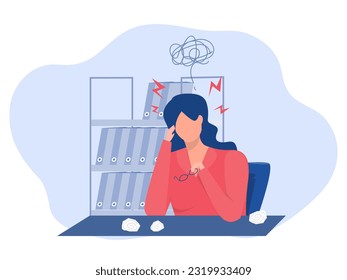 Overloaded with office work ,Tired business woman under stress during work, headache, migraine, dizzy, tired, Frustrated, Deadline, Tiredness, illustration