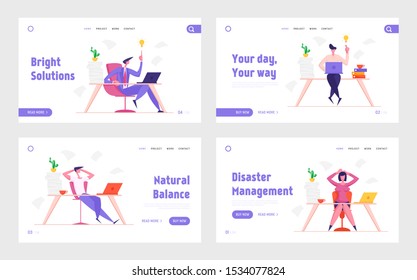 Overloaded Office Workers Deadline, Stress and Creative Idea Website Landing Page Set. Business People Sitting at Desk with Documents and Laptop Web Page Banner. Cartoon Flat Vector Illustration