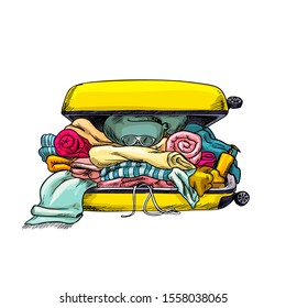 Overloaded opened yellow suitcase full of different vacation stuff and clothes, hand drawn vector illustration.