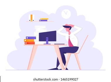 Overloaded Stressed Male Office Employee Character Sitting at Workplace with Computer and Huge Heap of Documents Holding Head of Deadline and Paper Bureaucracy to do, Cartoon Flat Vector Illustration