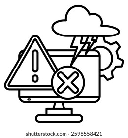 Overloaded System icon represented by pc, warning sign, lightning, cross mark Line style.