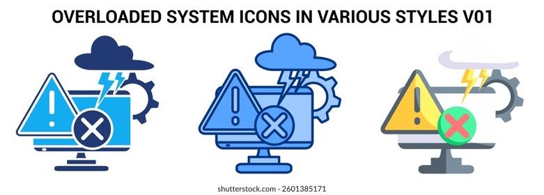 Overloaded System icon represented by pc, warning sign, lightning, cross mark Blue, Flat, Dualtone style.