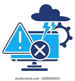 Overloaded System icon represented by pc, warning sign, lightning, cross mark Dualtone style.