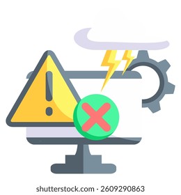 Overloaded System icon represented by pc, warning sign, lightning, cross mark Flat style.