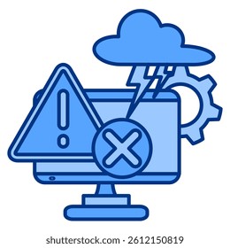 Overloaded System icon represented by pc, warning sign, lightning, cross mark Blue style.