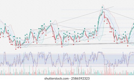 Overloaded technical trading chart with Heikin Ashi candles, Bollinger Bands, Trendlines, Fibonacci retracement, Volume bars, Fractals, Stochastic, and RSI. Canvas textured.