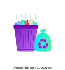 Overloaded trashcan with sign recycle gradient flat icon. Excess garbage, overconsumption. Vector illustration.