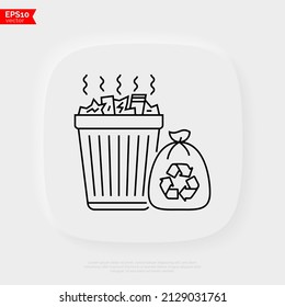 Overloaded trashcan with sign recycle thin line icon. Excess garbage, overconsumption. Vector illustration.