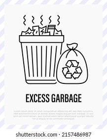 Overloaded trashcan with sign recycle thin line icon. Excess garbage, overconsumption. Vector illustration.