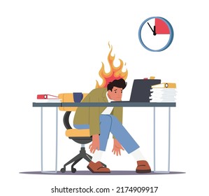 Overloaded Worker Deadline Stress Concept. Burned Down Businessman in Depression Sitting at Office Desk with Heap of Paper Documents and Laptop with Fire Burning on Head. Cartoon Vector Illustration