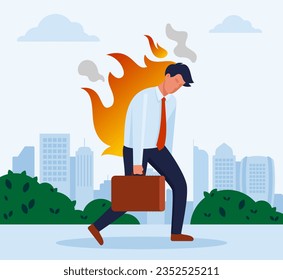 Overloaded Worker Deadline Stress Concept. Burned Down Businessman in Depression, Exhausted person walking outdoors vector illustration