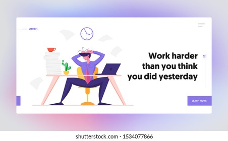 Overloaded Worker Deadline Website Landing Page. Burned Down Businessman Sitting at Office Desk with Heap of Paper Documents Tearing Hair on Head Web Page Banner. Cartoon Flat Vector Illustration