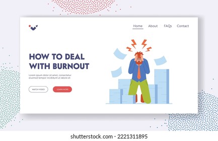 Overloaded Worker Stress and Burnout Landing Page Template. Businessman in Depression Stand on Knees in Office with Heaps of Paper Documents Tearing Hair on Head. Cartoon People Vector Illustration svg