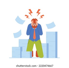 Overloaded Worker Stress and Deadline Concept. Burned Down Businessman in Depression Stand on Knees in Office with Heaps of Paper Documents Tearing Hair on Head. Cartoon People Vector Illustration svg
