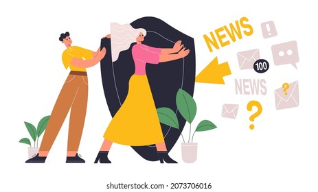 Overloading people, social media spam information overload. Characters holds social media info protection shield vector flat illustration. Information overload Protection overload media