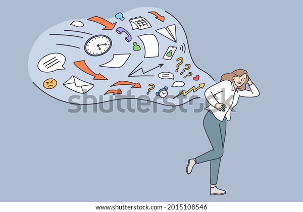 Overloading, stress, overwork job concept. Young\
business woman cartoon character running away from information\
stream pursuing her overwhelmed by information vector illustration\
