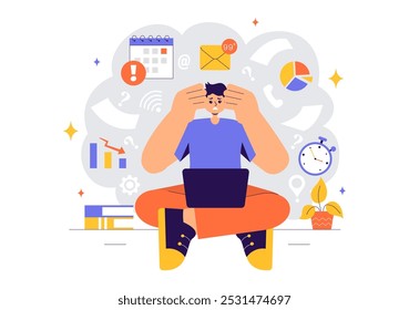 Overloading Vector Illustration of a Busy Employee Multitasking to Complete Numerous Documents and Digital Tasks in a Flat Style Cartoon Background