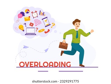 Overloading Vector Illustration with Busy work and Multitasking Employee to Finish Many Documents or Digital Information in Hand Drawn Templates