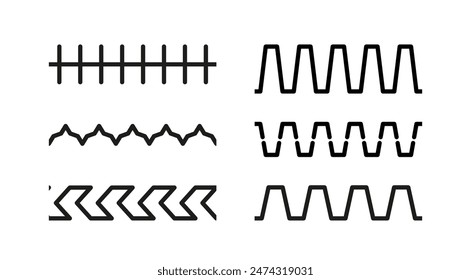 Overlock bordado Elementos sin costuras. Costura en zigzag. Vector. Conjunto de cepillos de costura de hilo de máquina. Ilustración gráfica simple. Borde de línea aislado sobre fondo blanco.