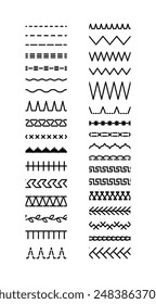 Overlock embroidery seams. Set of machine thread sew brushes. Sewing stitches zigzag seamless elements. Vector illustration. Simple graphic design. Line border isolated on white background.