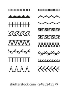 Overlock embroidery seams. Set of machine thread sew brushes. Line border isolated on white background. Sewing stitches zigzag seamless elements. Vector illustration.