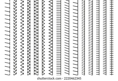 Overlock fabric elements. Outline seamless border isolated on white background. Embroidery stitches. Sewing seams. Set of machine thread sew brushes. Simple design. Vector illustration.