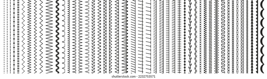 Overlock fabric stitches. Seamless. Sewing elements. Embroidery seams seamless pattern. Vector. Set of machine thread sew brushes. Line border isolated on white background. Graphic illustration.