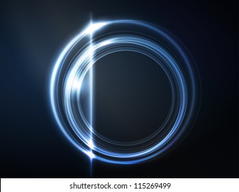 Overlying semitransparent circles with light effects form a blue glowing round frame on dark blue background. Space for your message, eps10.