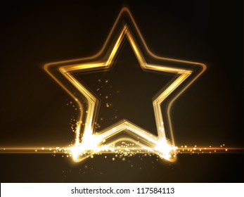 Overlying semitransparent stars with light effects form a golden glowing star frame on dark brown background. Space for your message.