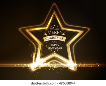 Estrellas semitransparentes con efectos claros forman un marco dorado brillante con la frase Feliz Navidad y Feliz Año Nuevo con fondo marrón oscuro. 