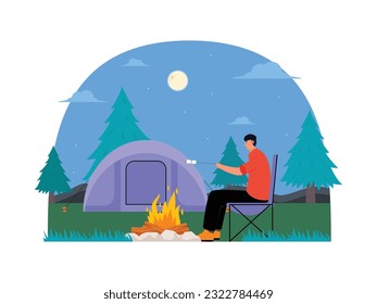 Overnight alone in the woods, and burning marshmallows, sitting on a camping chair, camping vector illustration.