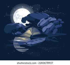 overnight camping by the water. Tent lighting. Dark moonlit night. Vector flat illustration