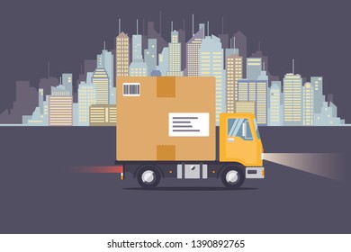 Overnight delivery truck with giant parcel driving along city skyline flat design vector illustration